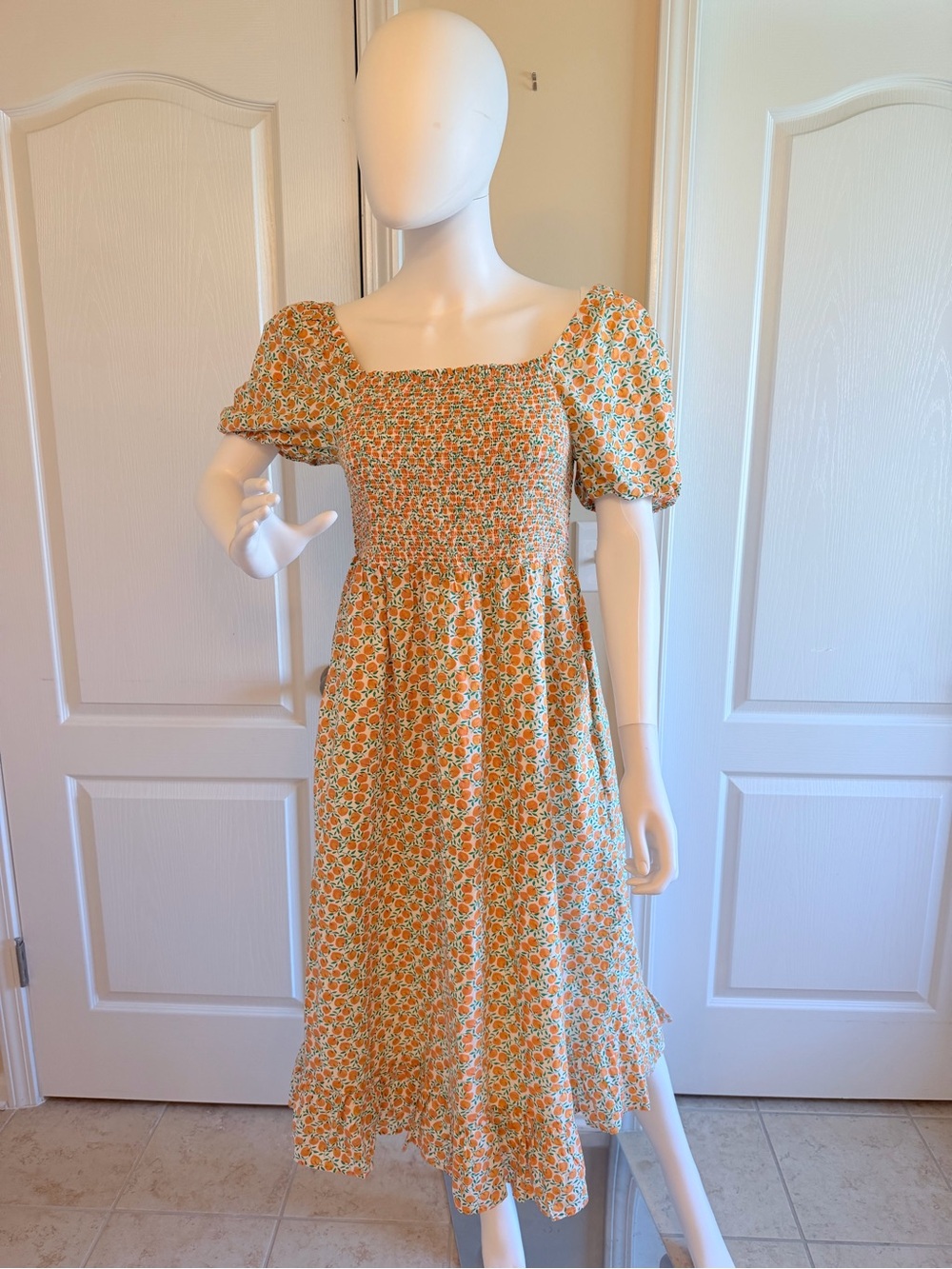 J. Crew Orange Print Smocked Midi Cotton Dress with Puff Sleeves Size S Like New